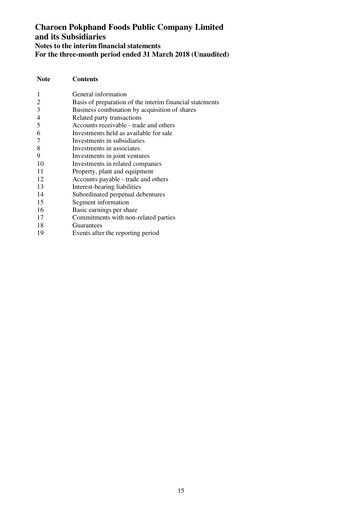 Miniature Charoen Pokphand Foods
 Rapport trimestriel 2018-q1
