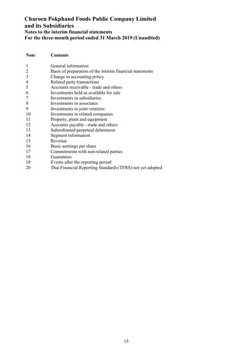 Miniature Charoen Pokphand Foods
 Rapport trimestriel 2019-q1