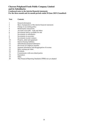 Miniature Charoen Pokphand Foods
 Rapport trimestriel 2019-q2