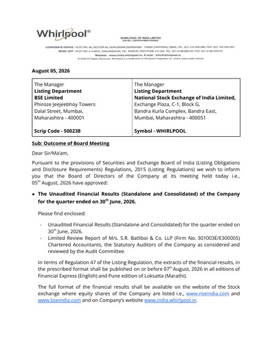 Thumbnail Whirlpool India Quarterly Report 2026-q1