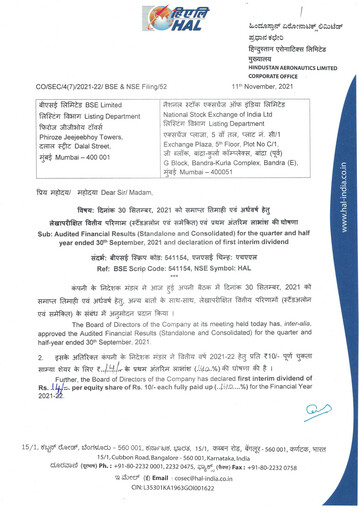 Vorschaubild Hindustan Aeronautics Finanzmitteilung 2021-9m