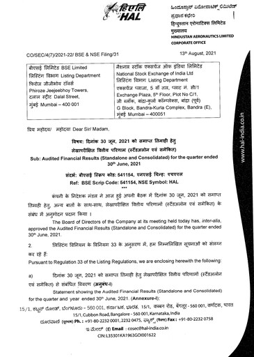 Vorschaubild Hindustan Aeronautics Finanzmitteilung 2021-h1