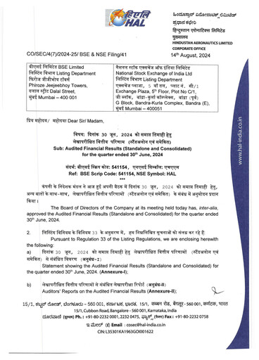 Vorschaubild Hindustan Aeronautics Finanzmitteilung 2024-h1