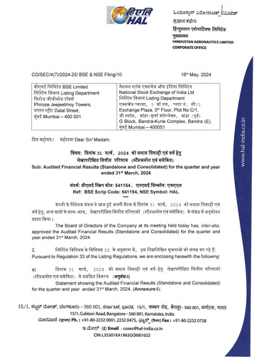 Vorschaubild Hindustan Aeronautics Finanzmitteilung 2024-q1
