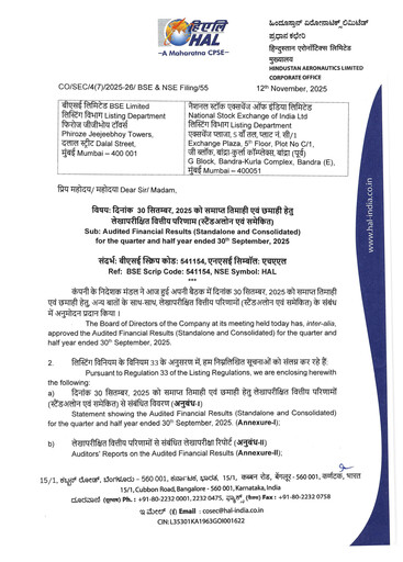 Vorschaubild Hindustan Aeronautics Finanzmitteilung 2025-9m