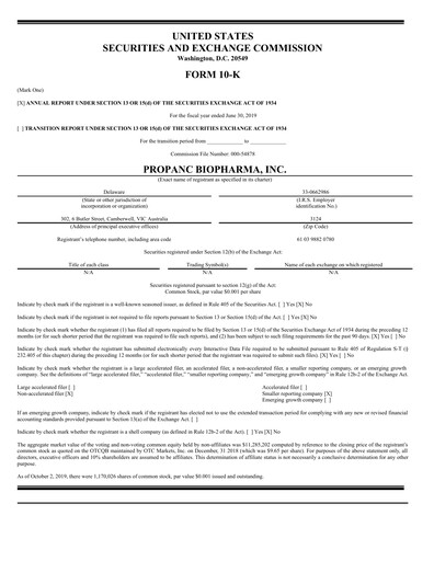 Thumbnail Propanc Biopharma Annual Report 2018-2019