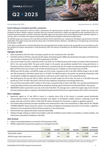 Thumbnail Embla Medical Quarterly Report 2025-q2