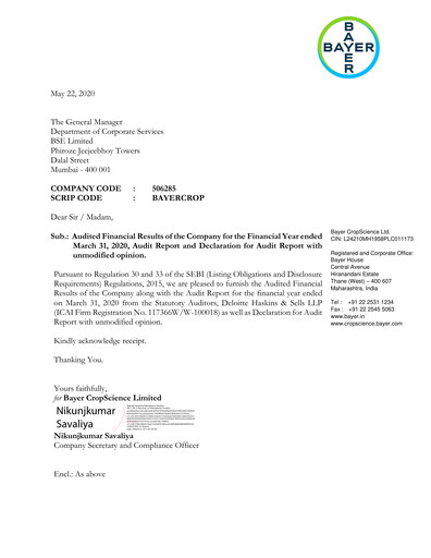 Miniature Bayer Crop Science Bilan financier 2019-2020