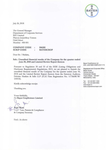 Miniature Bayer Crop Science Rapport trimestriel 2018-q1