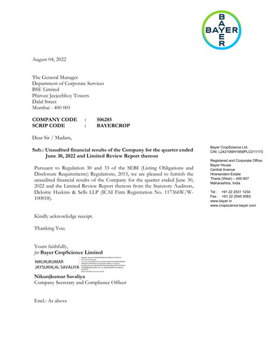 Miniature Bayer Crop Science Rapport trimestriel 2022-q1