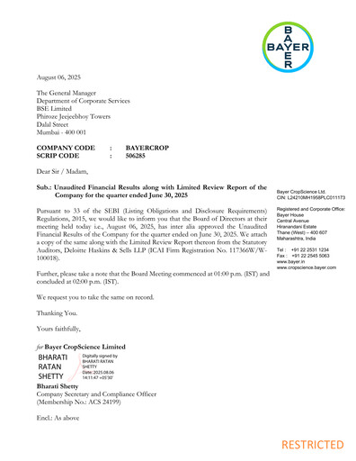 Miniature Bayer Crop Science Rapport trimestriel 2025-q1