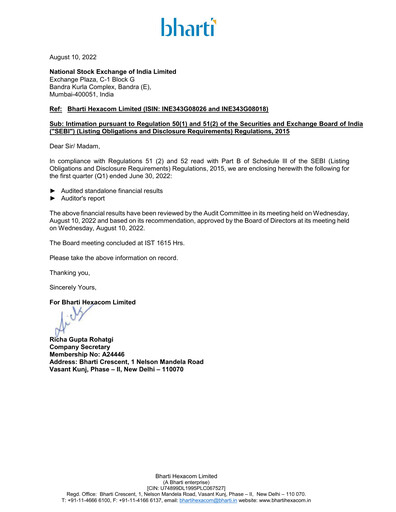 Thumbnail Bharti Hexacom Quarterly Report 2022-q1
