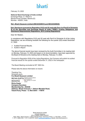 Thumbnail Bharti Hexacom Quarterly Report 2022-q3