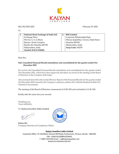 Thumbnail Kalyan Jewellers India Quarterly Report 2021-q3