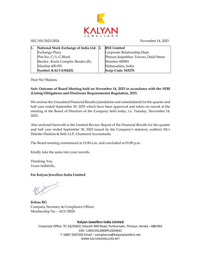 Thumbnail Kalyan Jewellers India Quarterly Report 2023-q2