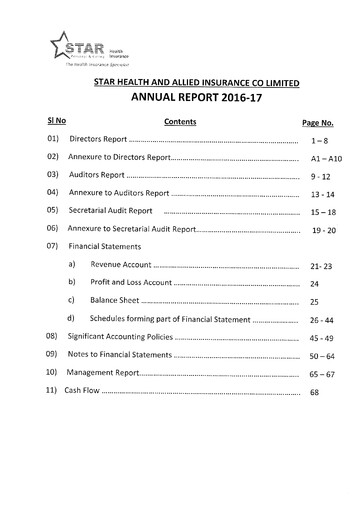 Miniature Star Health and Allied Insurance Company Rapport annuel 2016-2017