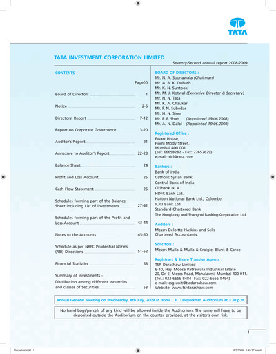 Vorschaubild Tata Investment Corporation Jahresbericht 2008-2009