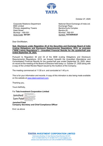 Miniature Tata Investment Corporation Rapport trimestriel 2025-q2