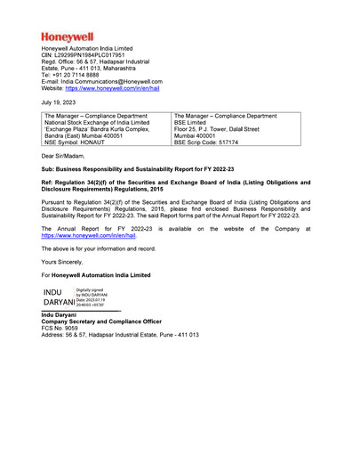 Thumbnail Honeywell Automation India ESG Report 2022-2023