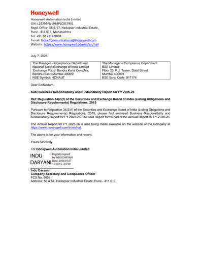 Thumbnail Honeywell Automation India ESG Report 2025-2026