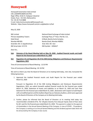 Thumbnail Honeywell Automation India Financial Statement 2019-2020