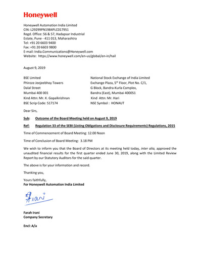 Thumbnail Honeywell Automation India Quarterly Report 2019-q1