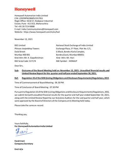 Thumbnail Honeywell Automation India Quarterly Report 2021-q2