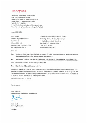 Thumbnail Honeywell Automation India Quarterly Report 2022-q1