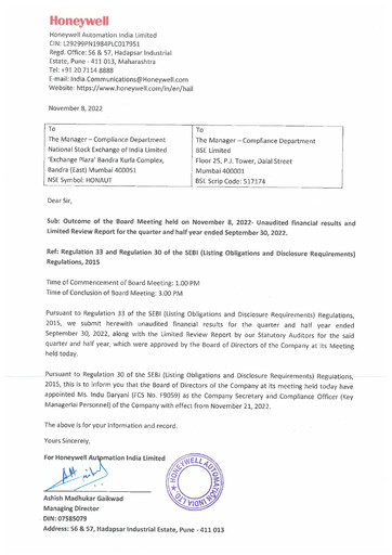 Thumbnail Honeywell Automation India Quarterly Report 2022-q2