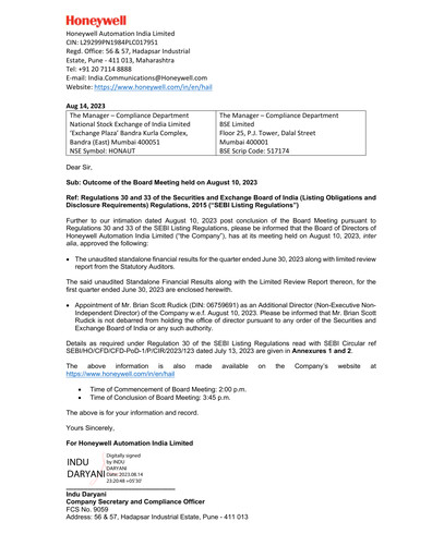 Thumbnail Honeywell Automation India Quarterly Report 2023-q1