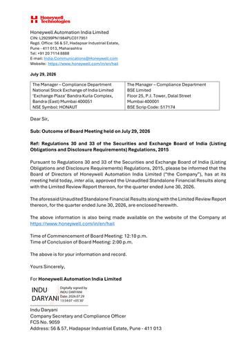 Thumbnail Honeywell Automation India Quarterly Report 2026-q1