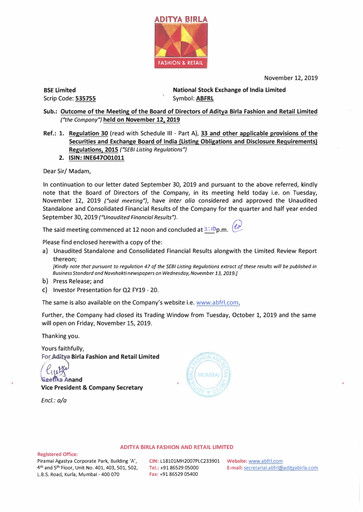 Thumbnail Aditya Birla Fashion and Retail Quarterly Report 2019-q2