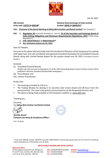 Thumbnail Aditya Birla Fashion and Retail Quarterly Report 2021-q1
