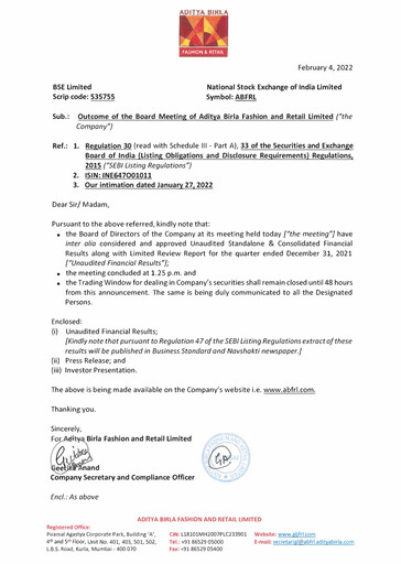 Thumbnail Aditya Birla Fashion and Retail Quarterly Report 2021-q3