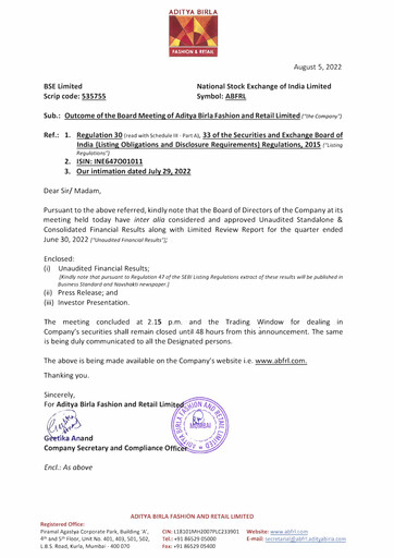 Thumbnail Aditya Birla Fashion and Retail Quarterly Report 2022-q1