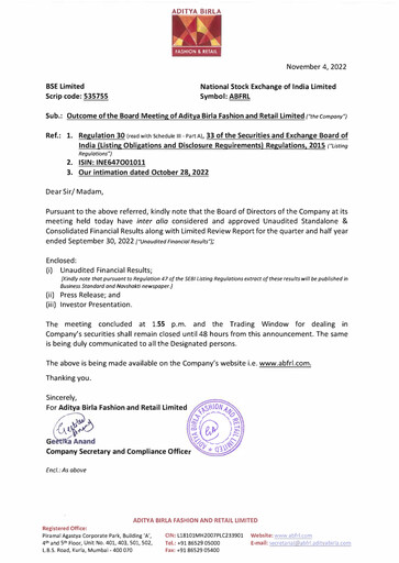 Thumbnail Aditya Birla Fashion and Retail Quarterly Report 2022-q2