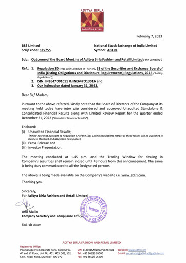 Thumbnail Aditya Birla Fashion and Retail Quarterly Report 2022-q3