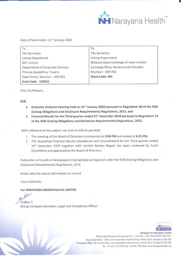 Thumbnail Narayana Hrudayalaya Quarterly Report 2019-q3