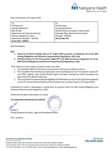 Thumbnail Narayana Hrudayalaya Quarterly Report 2022-q1