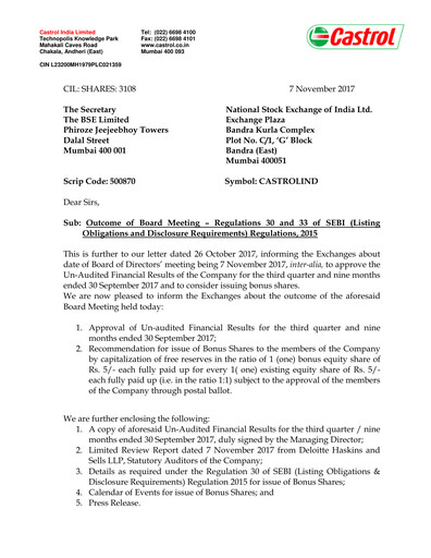 Thumbnail Castrol India Quarterly Report 2017-q3