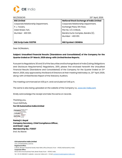 Vorschaubild CIE Automotive India Quartalsbericht 2026-q1