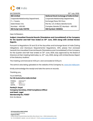 Vorschaubild CIE Automotive India Quartalsbericht 2026-q2