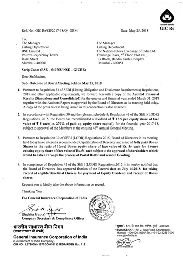 Miniature General Insurance Corporation of India
 Bilan financier 2017-2018