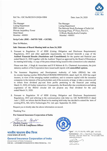 Miniature General Insurance Corporation of India
 Bilan financier 2019-2020