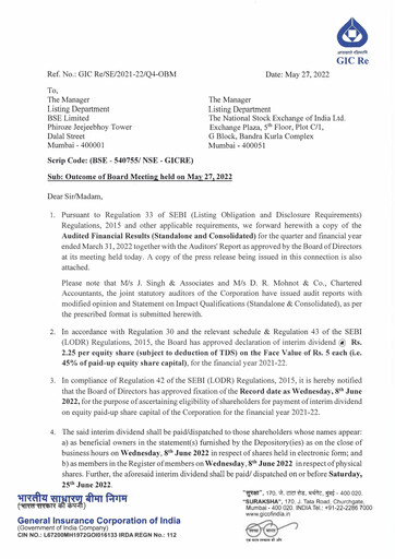 Miniature General Insurance Corporation of India
 Bilan financier 2021-2022