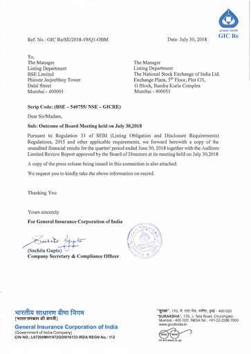 Miniature General Insurance Corporation of India
 Rapport trimestriel 2018-q1