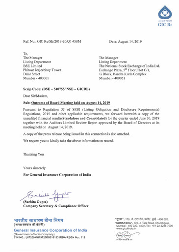 Miniature General Insurance Corporation of India
 Rapport trimestriel 2019-q1