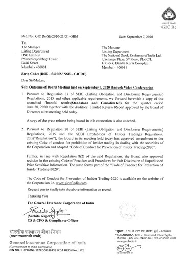 Miniature General Insurance Corporation of India
 Rapport trimestriel 2020-q1