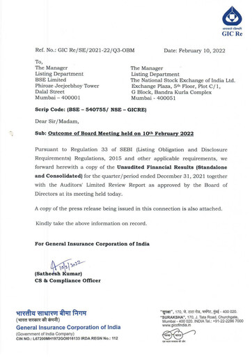 Miniature General Insurance Corporation of India
 Rapport trimestriel 2021-q3