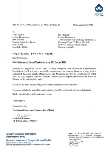 Miniature General Insurance Corporation of India
 Rapport trimestriel 2022-q1